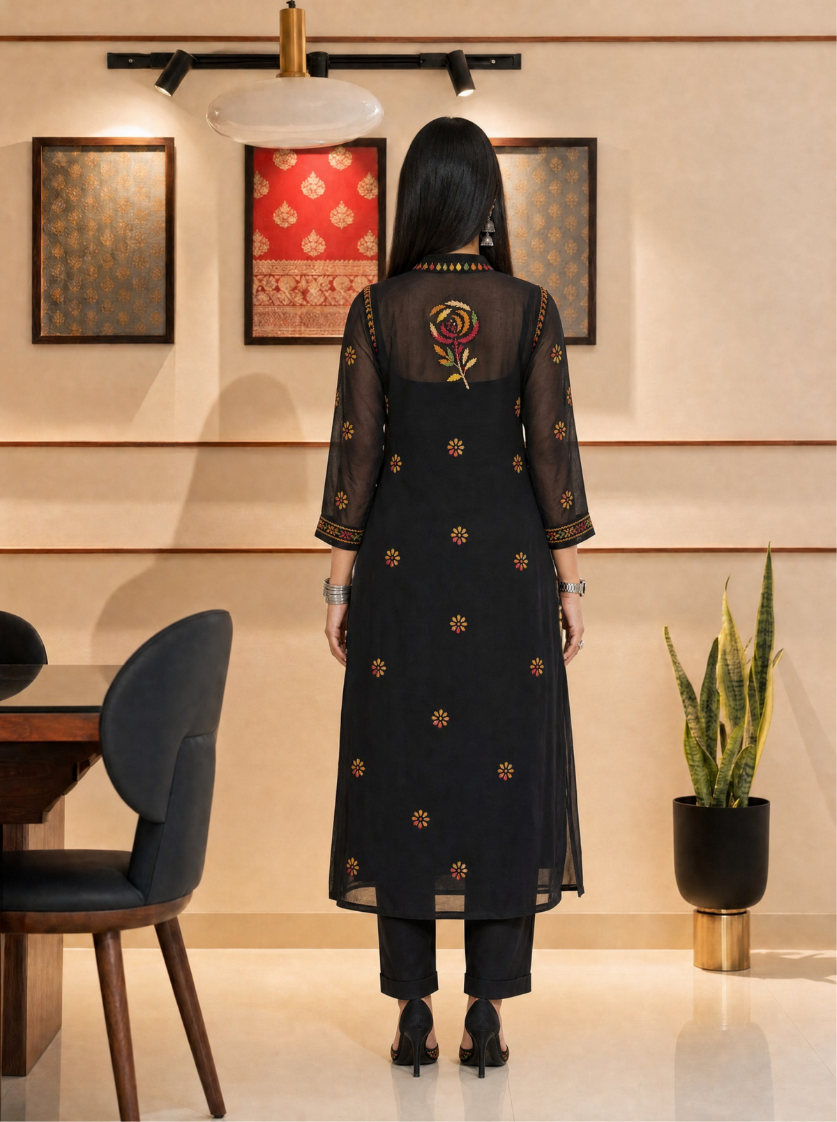 Aachhri Georgette Chikankari Women's Long Kurta - Black - back full
