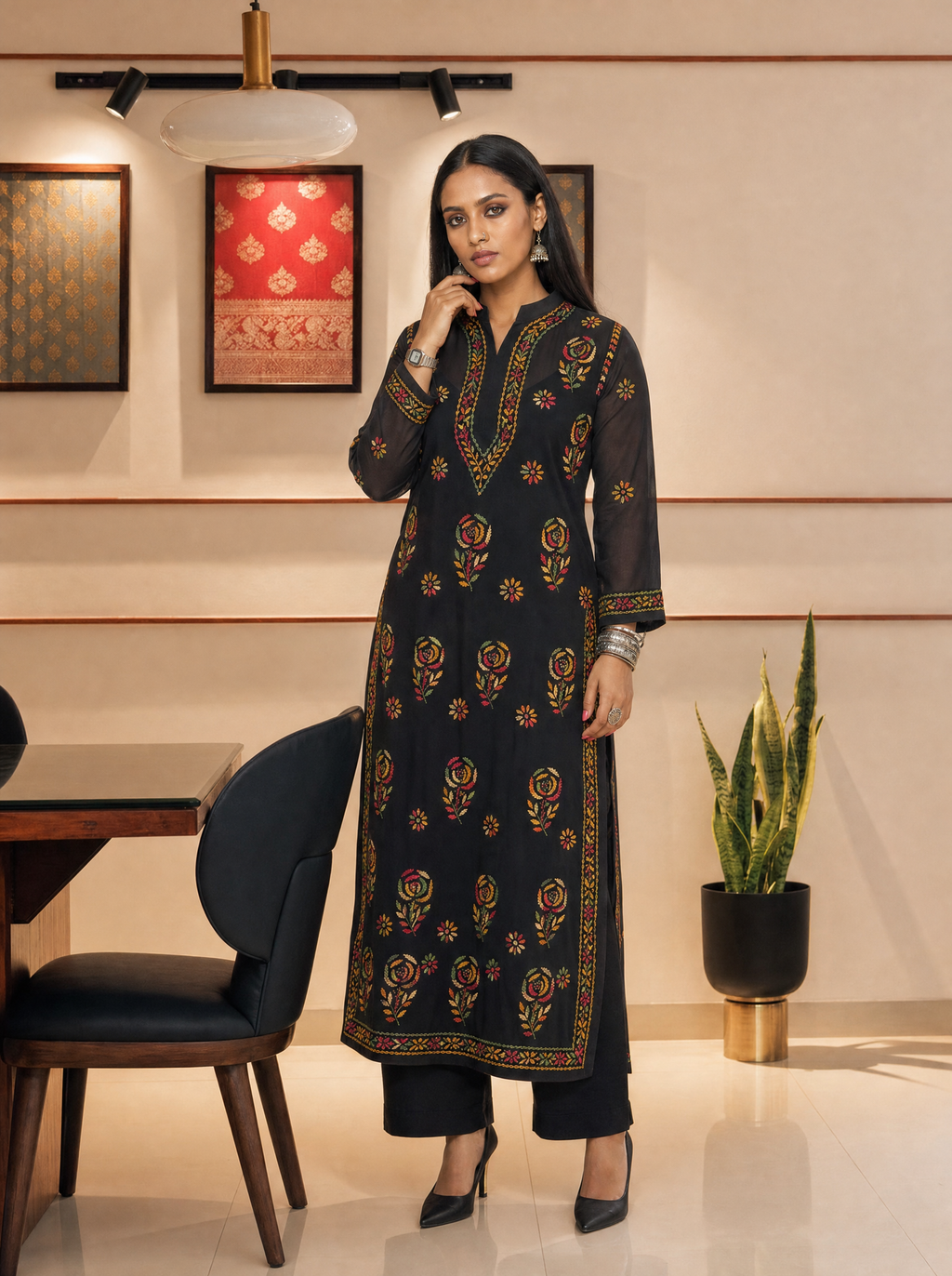 Aachhri Georgette Chikankari Women's Long Kurta - Black - front full