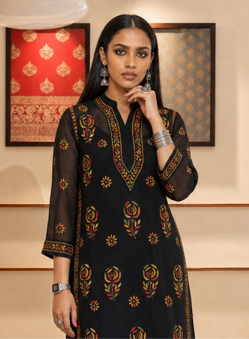 Aachhri Georgette Chikankari Women's Long Kurta - Black - front zoom