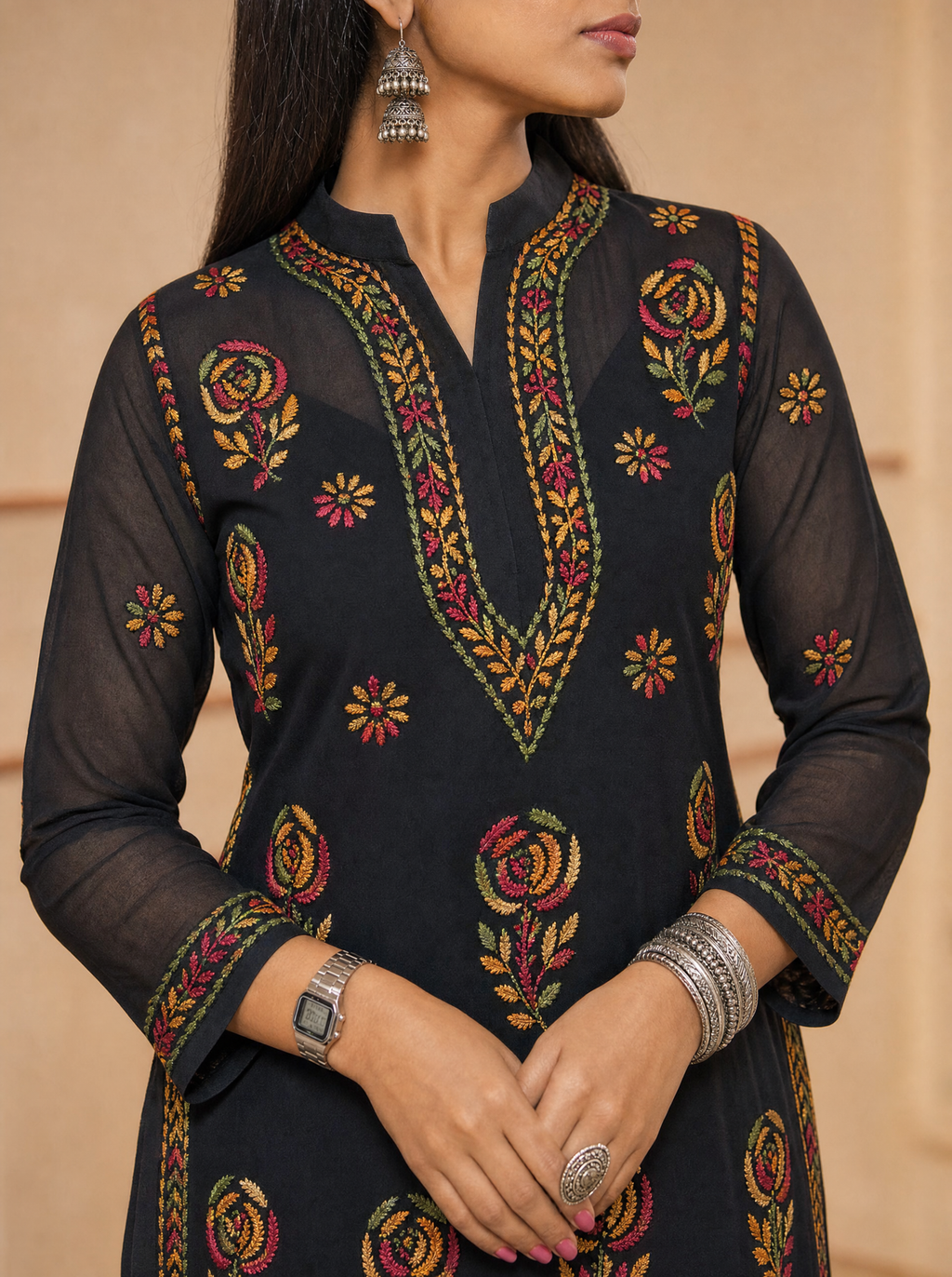 Aachhri Georgette Chikankari Women's Long Kurta - Black - front zoom 2