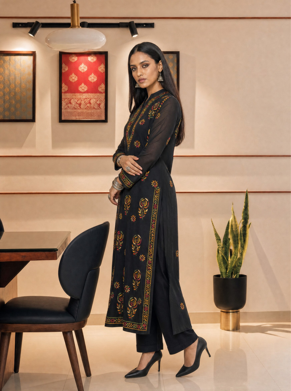 Aachhri Georgette Chikankari Women's Long Kurta - Black - side full