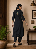 Aachhri Cotton Chikankari Women's Long Kurta - Black - back full