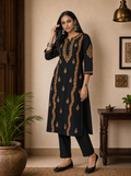 Aachhri Cotton Chikankari Women's Long Kurta - Black - front full