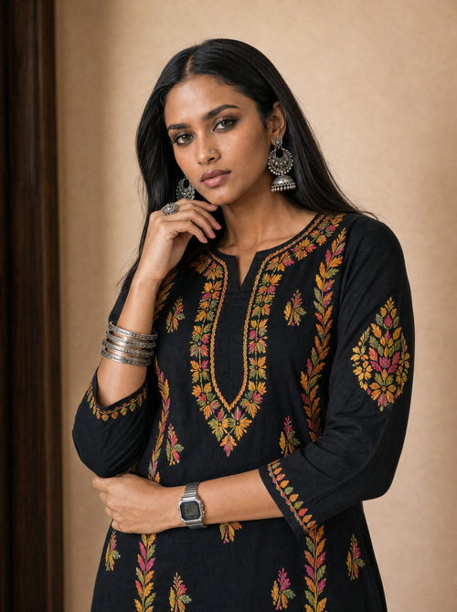 Aachhri Cotton Chikankari Women's Long Kurta - Black - front zoom