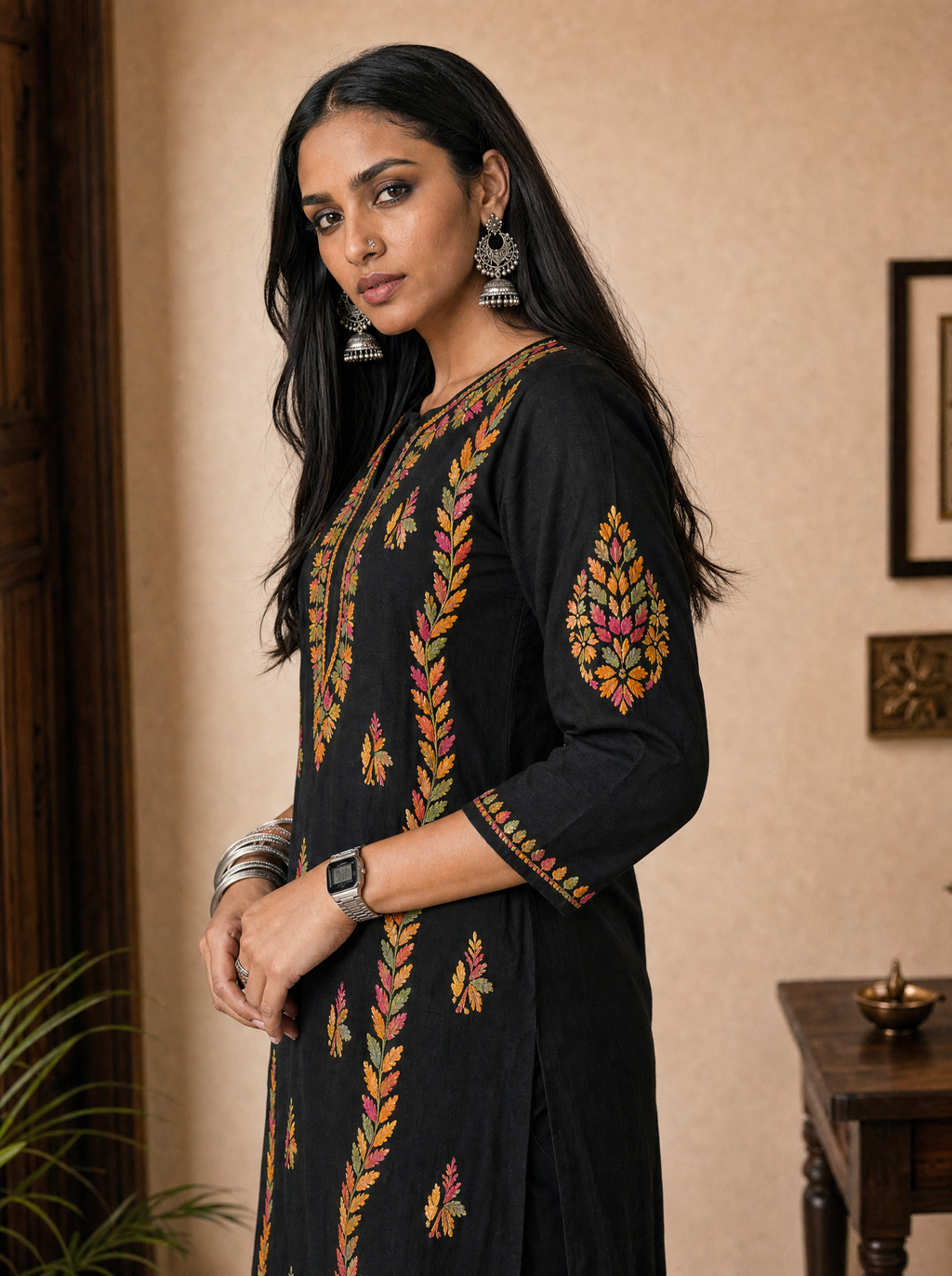 Aachhri Cotton Chikankari Women's Long Kurta - Black - side full