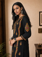 Aachhri Cotton Chikankari Women's Long Kurta - Black - side full