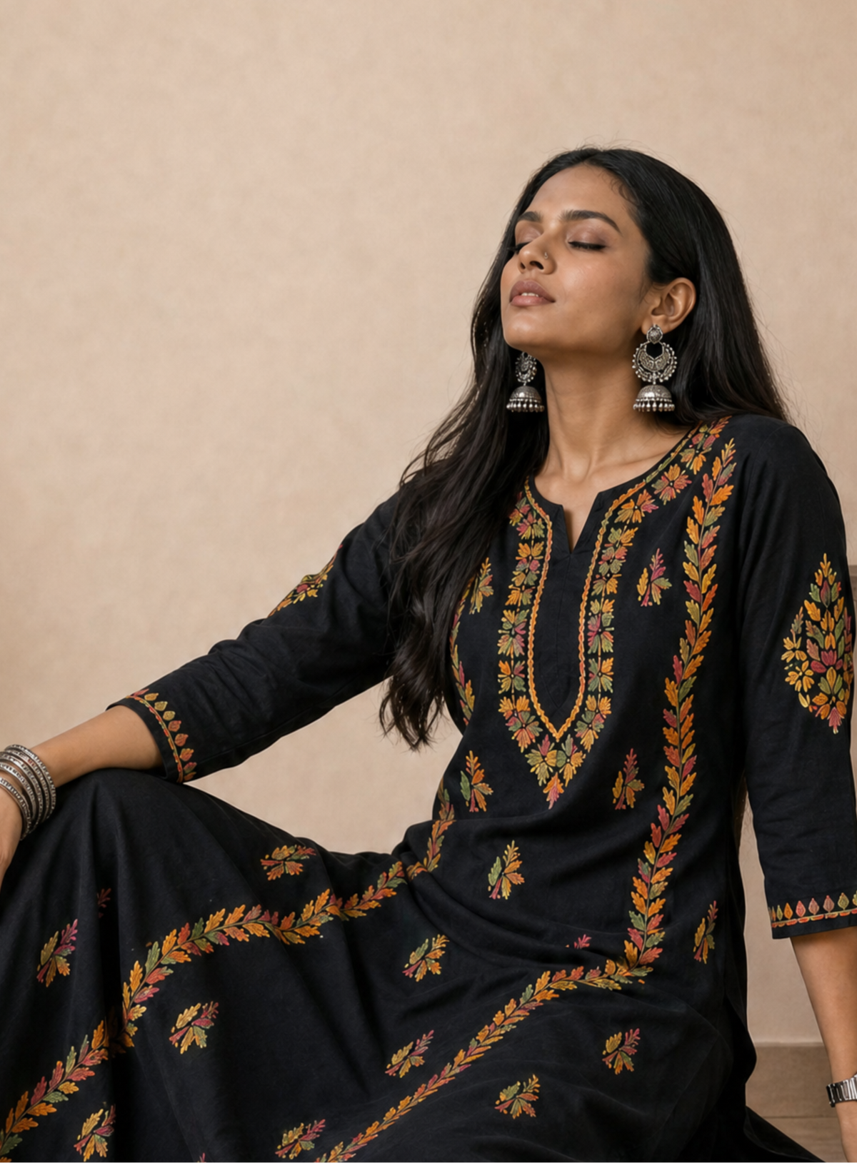 Aachhri Cotton Chikankari Women's Long Kurta - Black - sitting