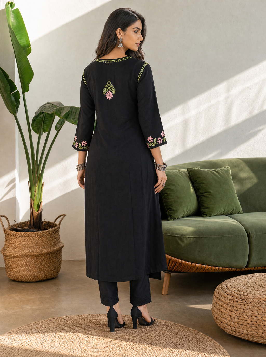 Aachhri Rayon Chikankari Women's Long Kurta - Black - back full