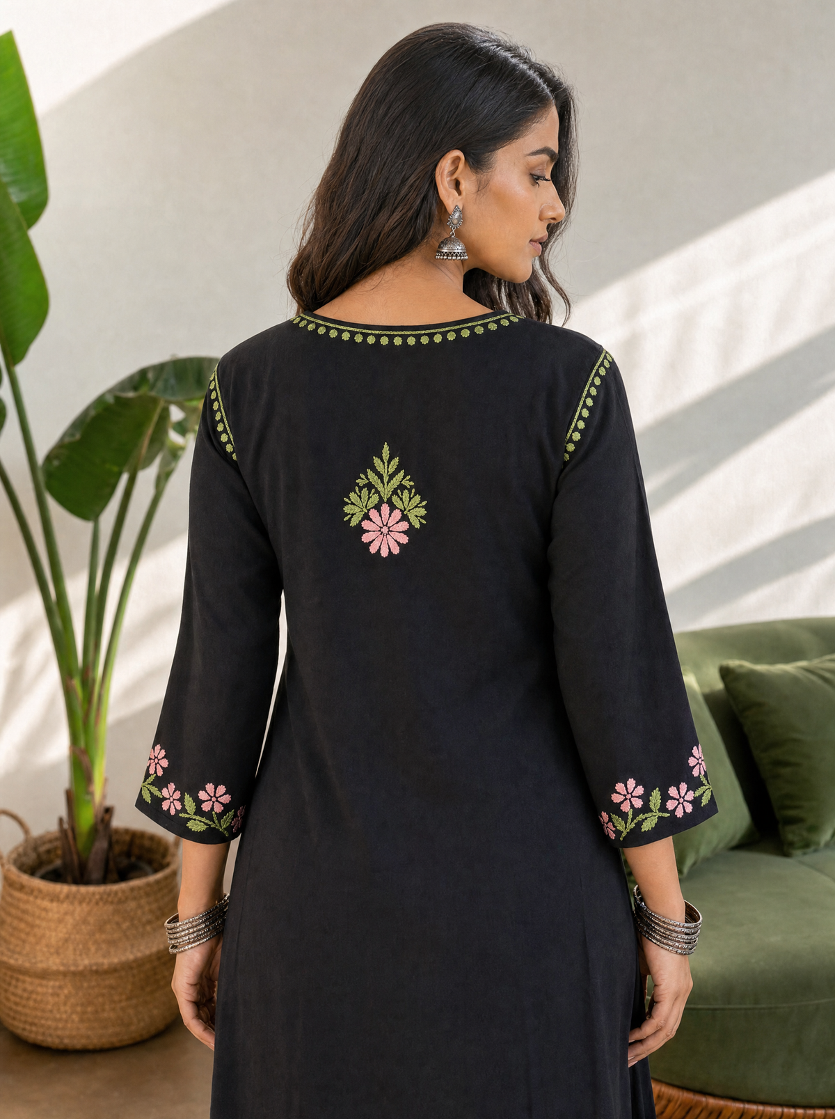 Aachhri Rayon Chikankari Women's Long Kurta - Black - back zoom