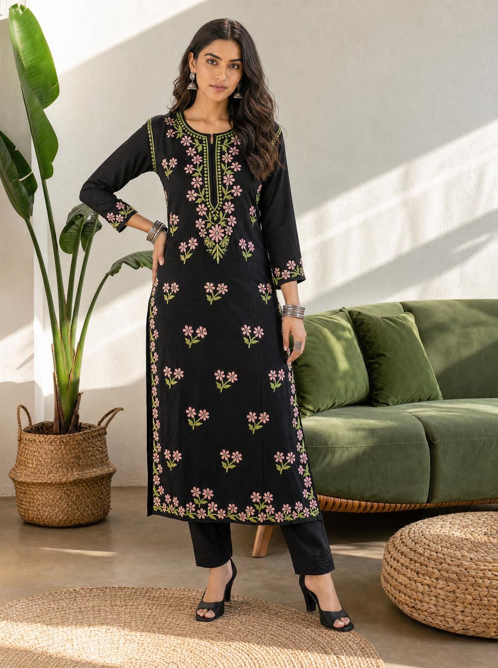 Aachhri Rayon Chikankari Women's Long Kurta - Black - front full