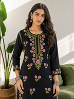 Aachhri Rayon Chikankari Women's Long Kurta - Black - front zoom