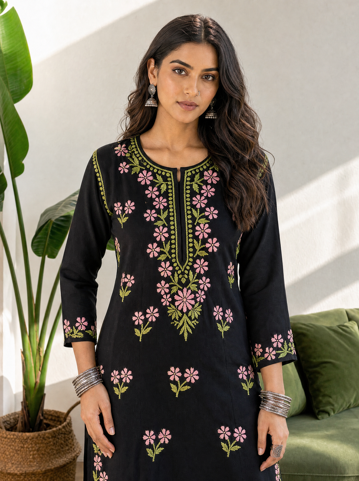 Aachhri Rayon Chikankari Women's Long Kurta - Black - front zoom
