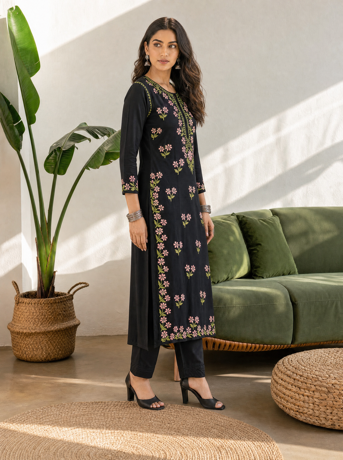 Aachhri Rayon Chikankari Women's Long Kurta - Black - side full