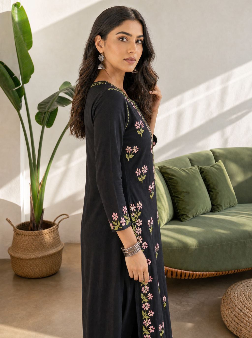 Aachhri Rayon Chikankari Women's Long Kurta - Black - side full 2