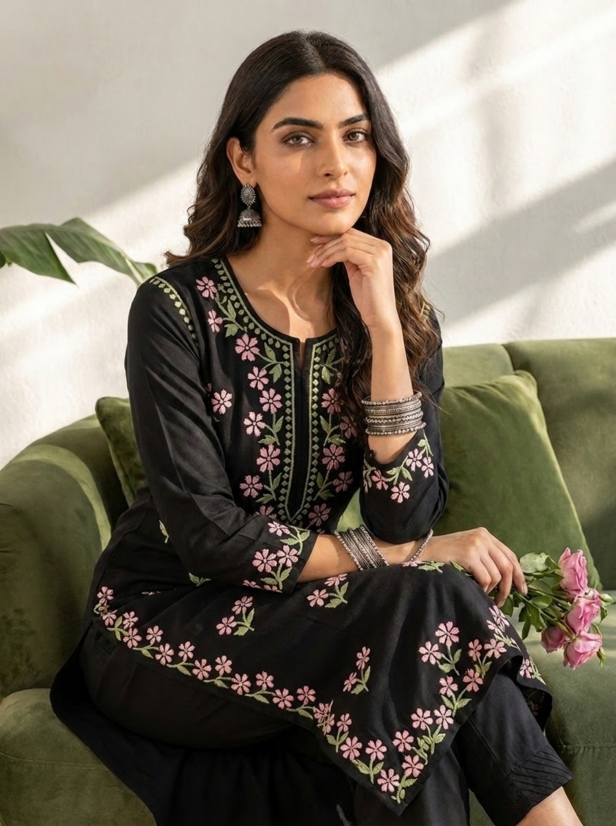 Aachhri Rayon Chikankari Women's Long Kurta - Black - sitting