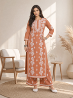 Aachhri Rayon Chikankari Women's 2PC Long Kurta Set - Rust - front full 2