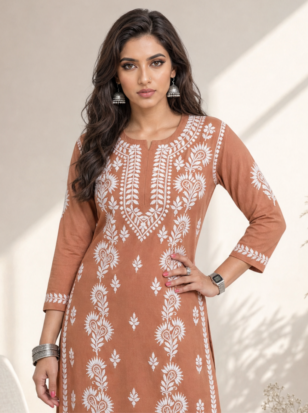 Aachhri Rayon Chikankari Women's 2PC Long Kurta Set - Rust - front zoom