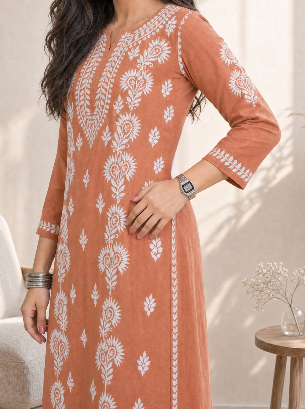 Aachhri Rayon Chikankari Women's 2PC Long Kurta Set - Rust - front zoom 2