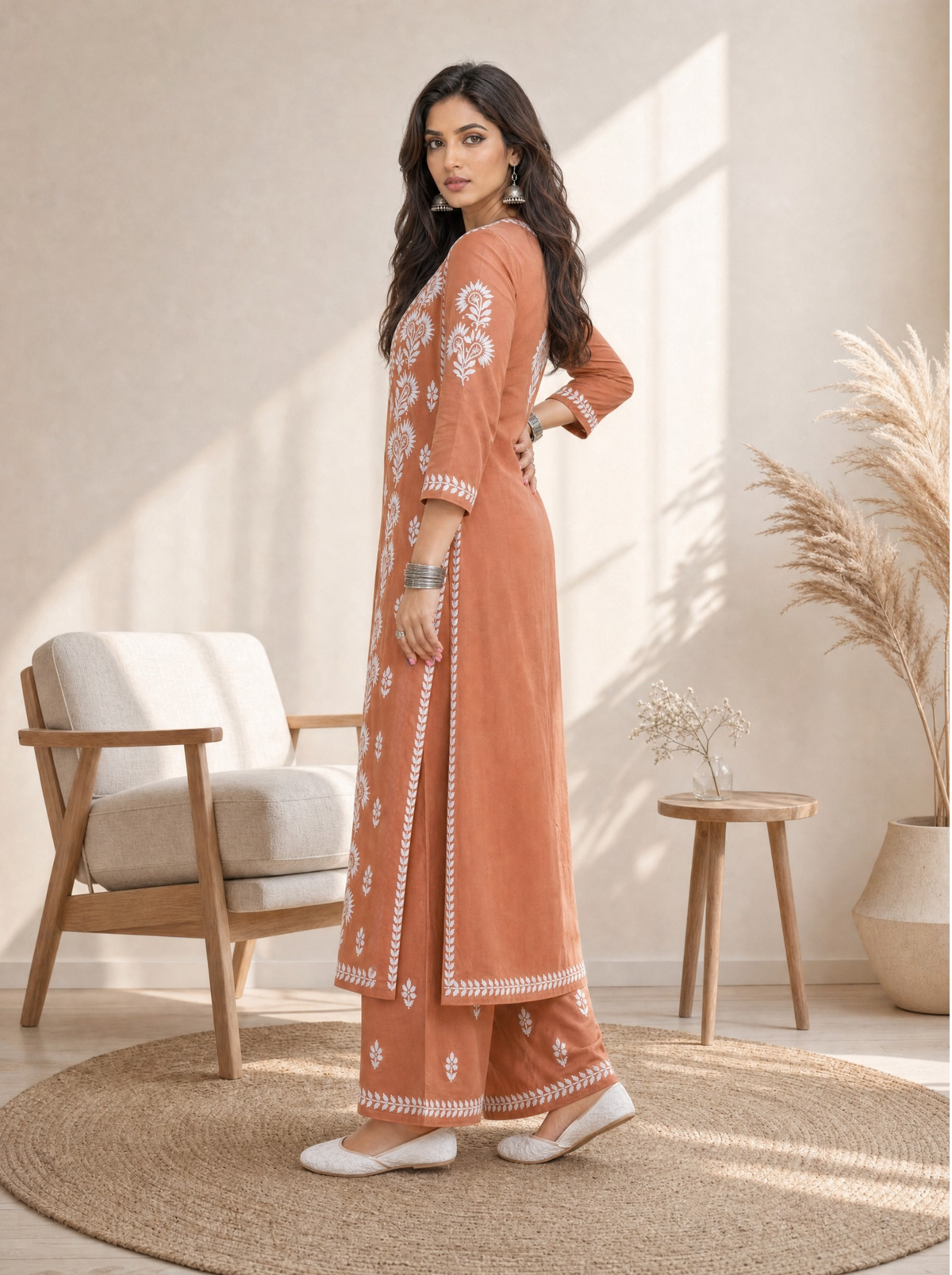 Aachhri Rayon Chikankari Women's 2PC Long Kurta Set - Rust - side full