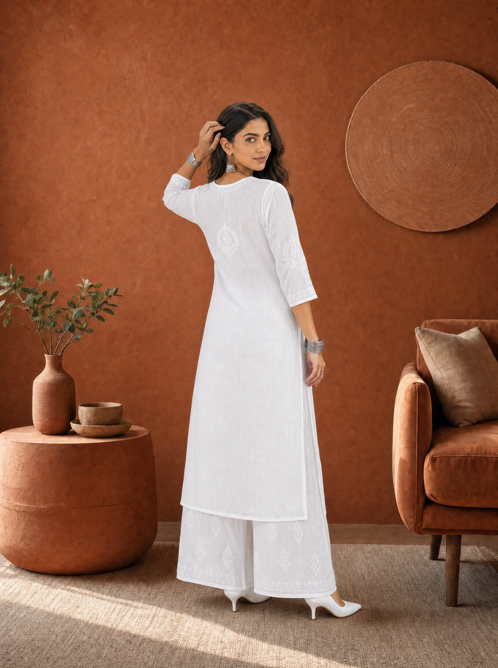 Aachhri Modal Chikankari Women's 2PC Long Kurta Set - White - back full