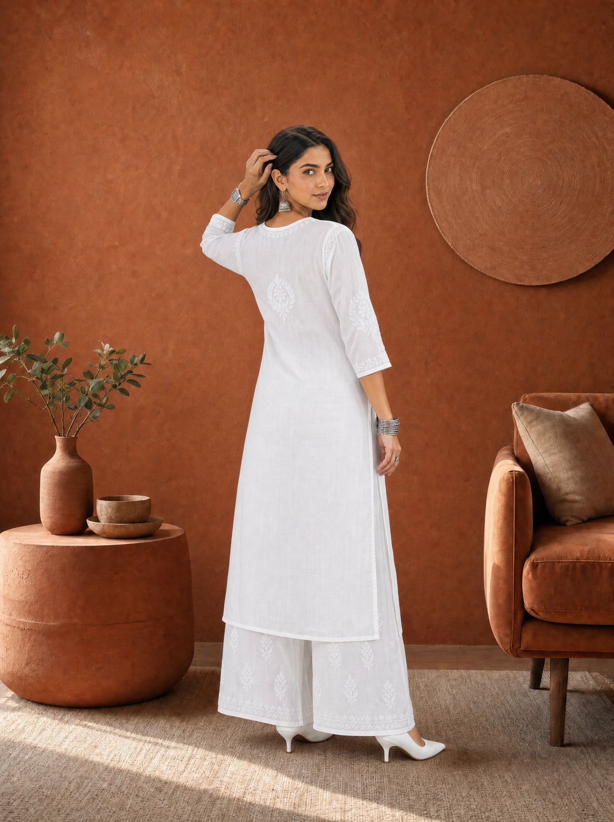 Aachhri Modal Chikankari Women's 2PC Long Kurta Set - White - back full