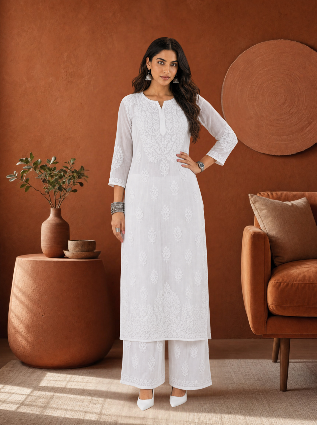 Aachhri Modal Chikankari Women's 2PC Long Kurta Set - White - front full