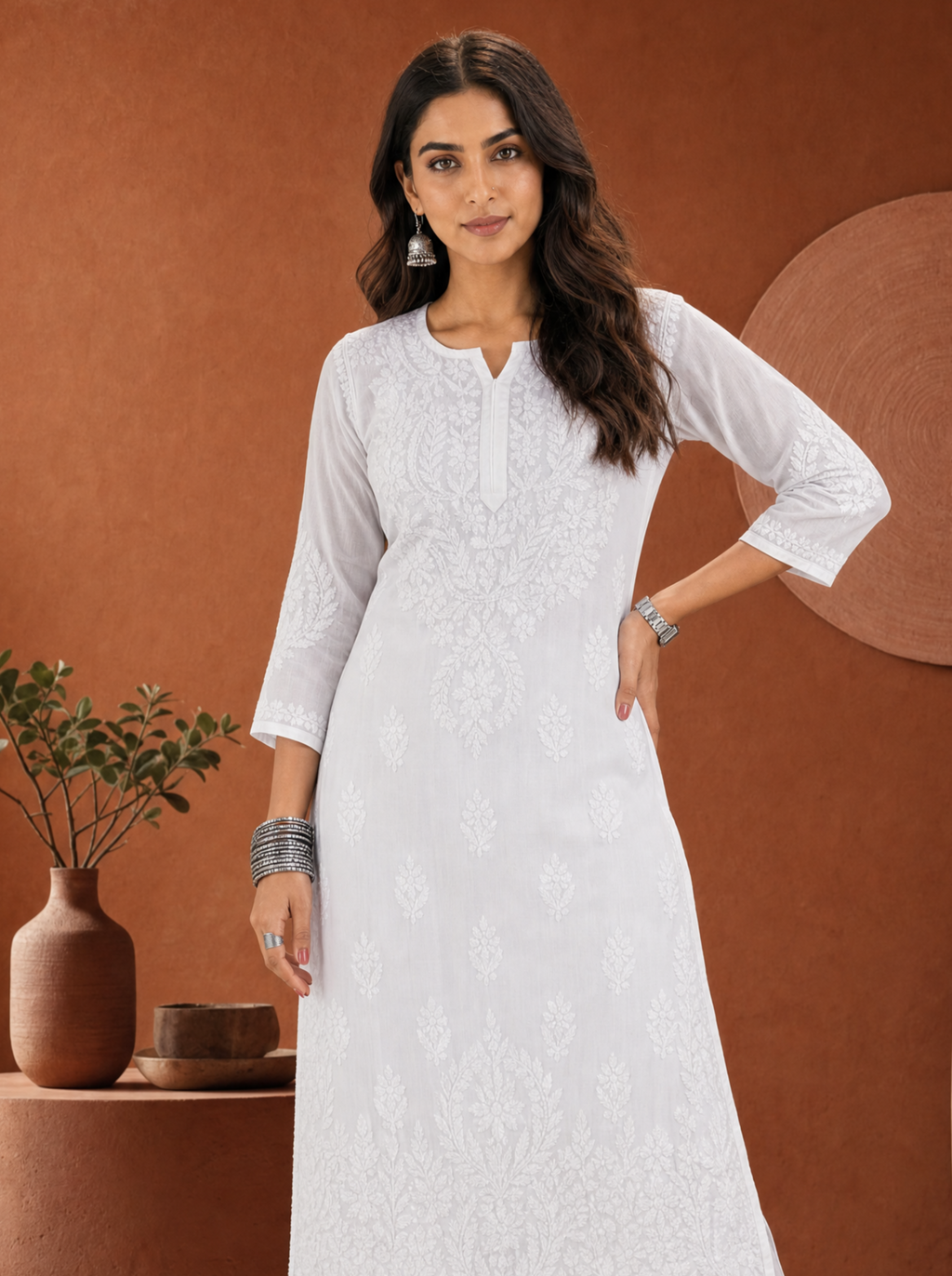 Aachhri Modal Chikankari Women's 2PC Long Kurta Set - White - front zoom