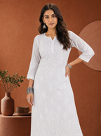 Aachhri Modal Chikankari Women's 2PC Long Kurta Set - White - front zoom