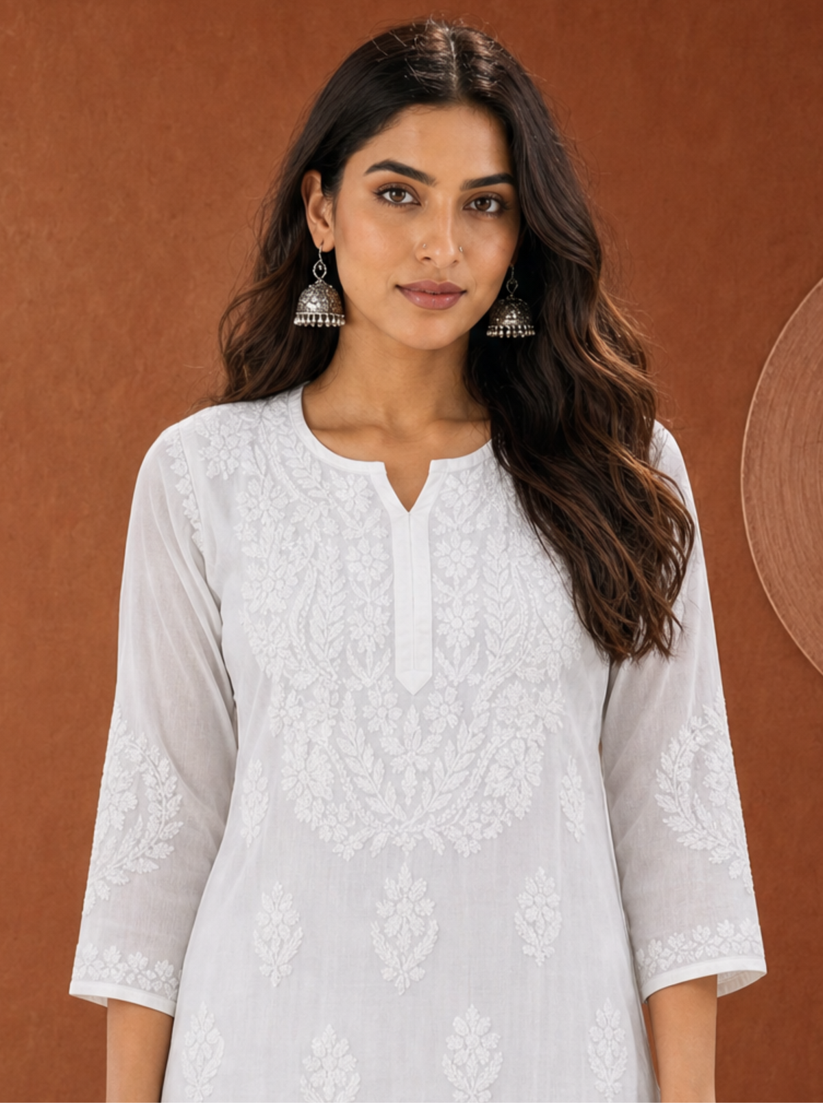 Aachhri Modal Chikankari Women's 2PC Long Kurta Set - White - front zoom 2