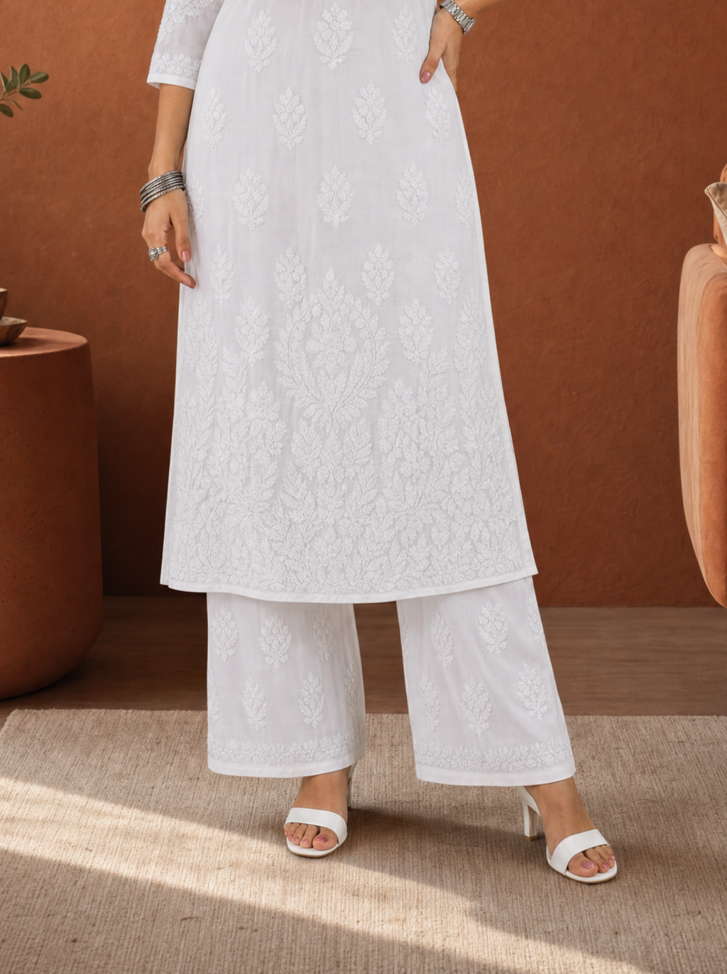 Aachhri Modal Chikankari Women's 2PC Long Kurta Set - White - front zoom 3