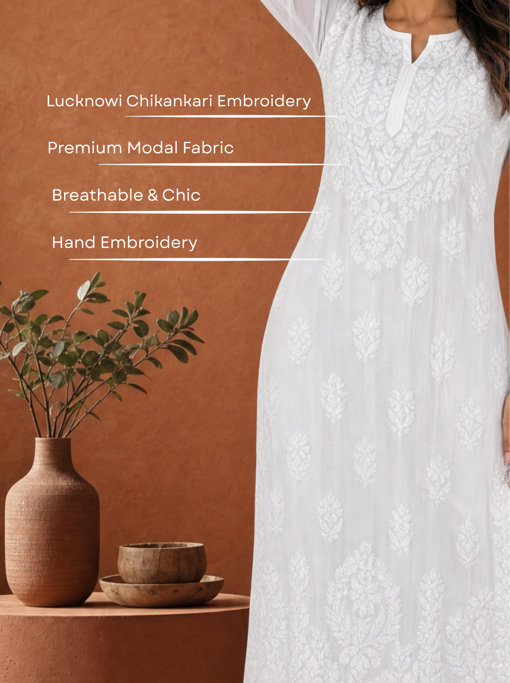 Aachhri Modal Chikankari Women's 2PC Long Kurta Set - White - front zoom 4
