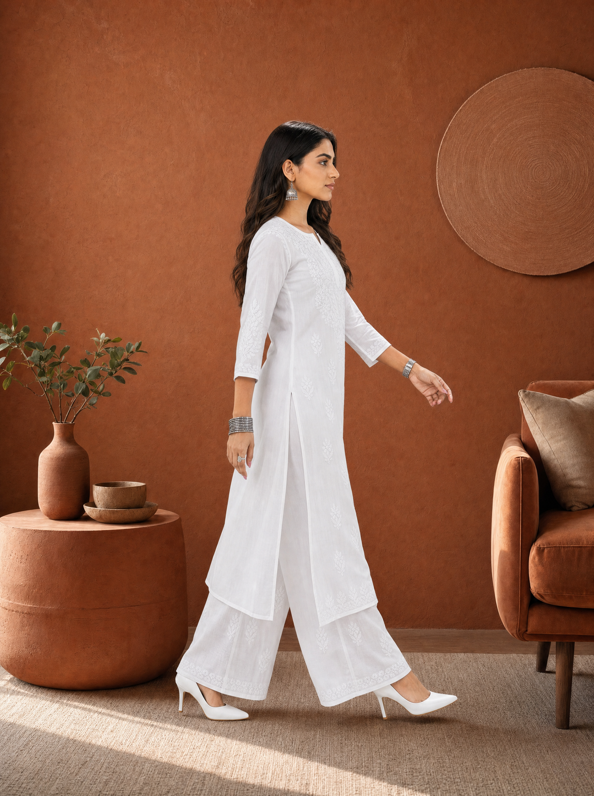 Aachhri Modal Chikankari Women's 2PC Long Kurta Set - White - side full