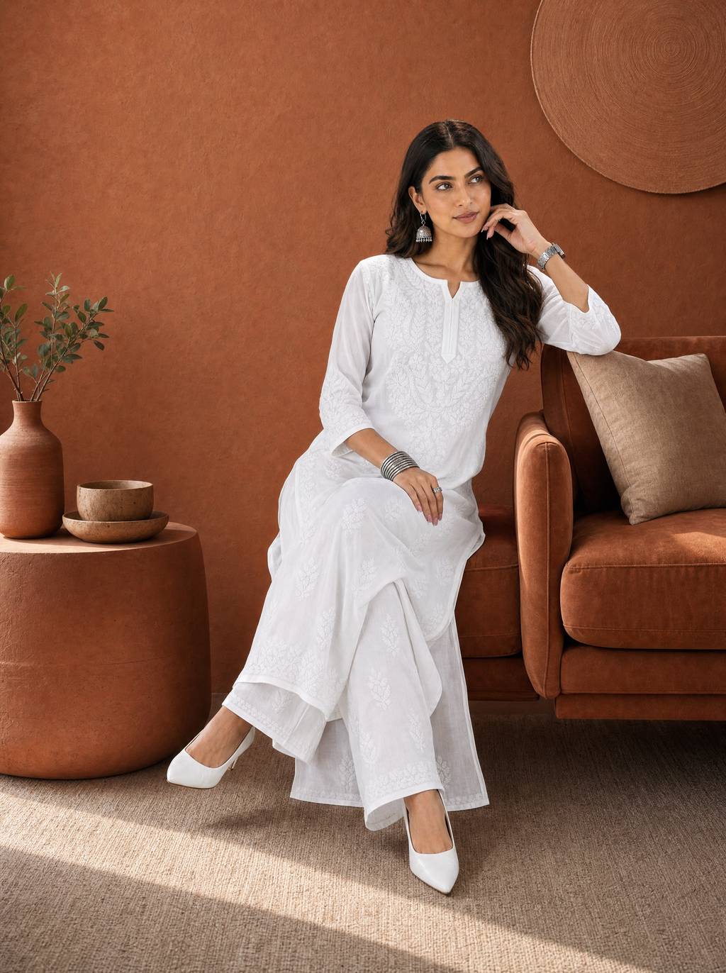 Aachhri Modal Chikankari Women's 2PC Long Kurta Set - White - sitting