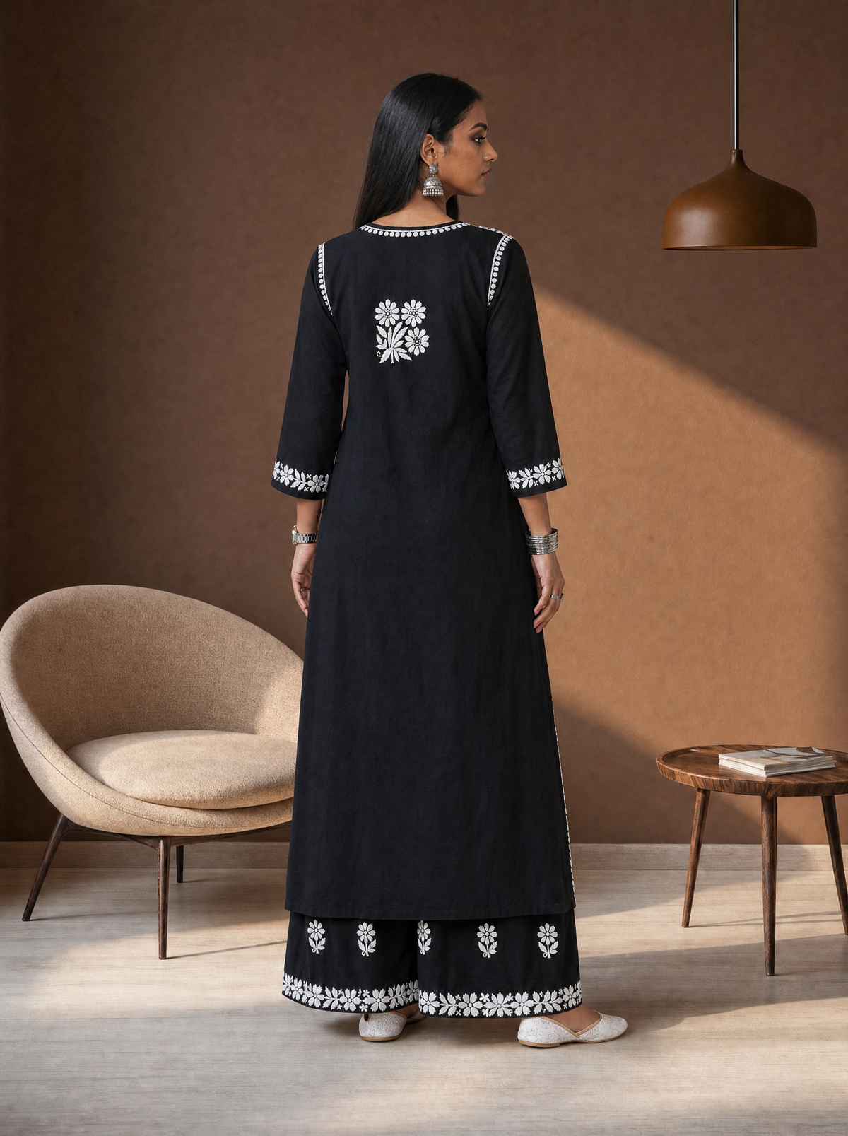 Aachhri Rayon Chikankari Women's 2PC Long Kurta Set - Black - back full