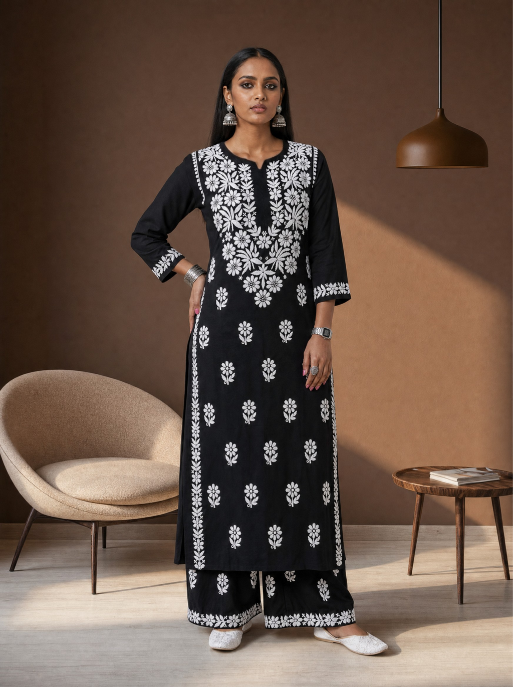 Aachhri Rayon Chikankari Women's 2PC Long Kurta Set - Black - front full
