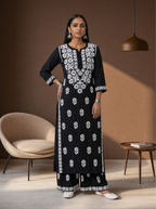Aachhri Rayon Chikankari Women's 2PC Long Kurta Set - Black - front full