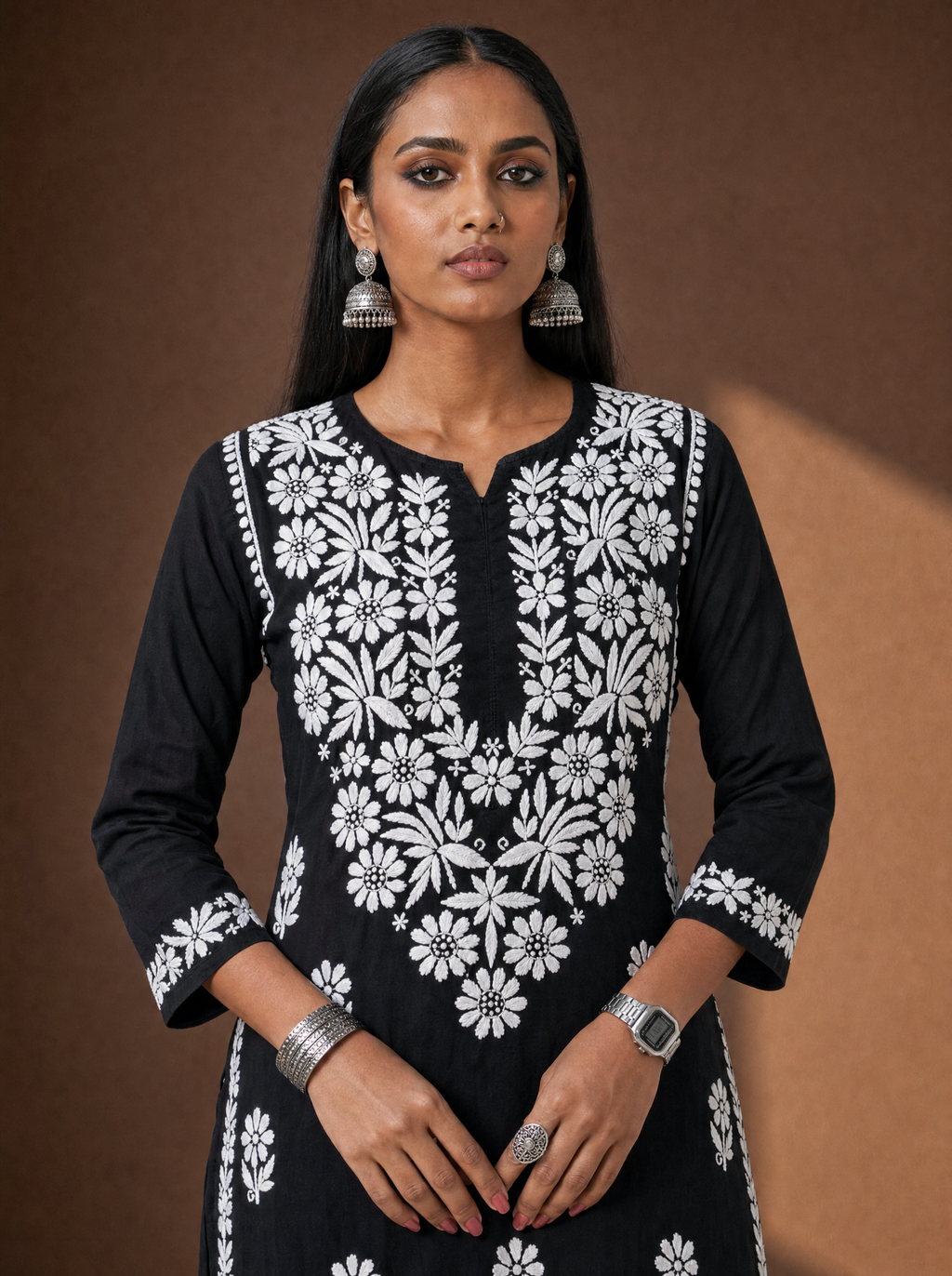 Aachhri Rayon Chikankari Women's 2PC Long Kurta Set - Black - front zoom