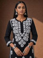 Aachhri Rayon Chikankari Women's 2PC Long Kurta Set - Black - front zoom