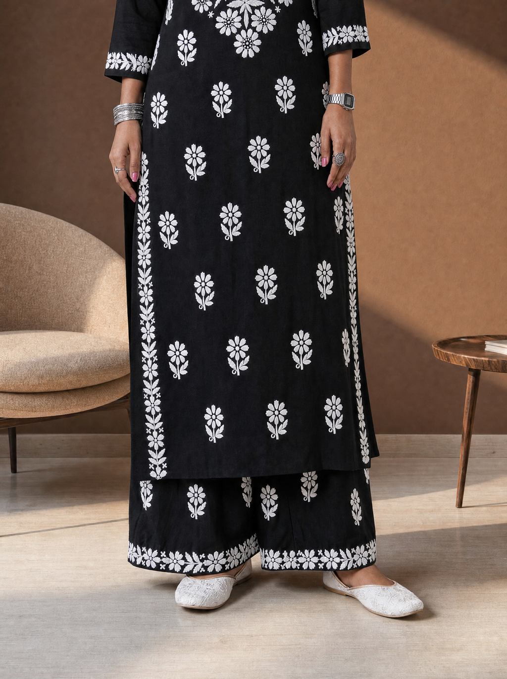 Aachhri Rayon Chikankari Women's 2PC Long Kurta Set - Black - front zoom 2