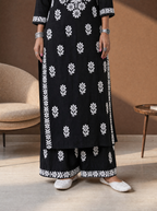 Aachhri Rayon Chikankari Women's 2PC Long Kurta Set - Black - front zoom 2