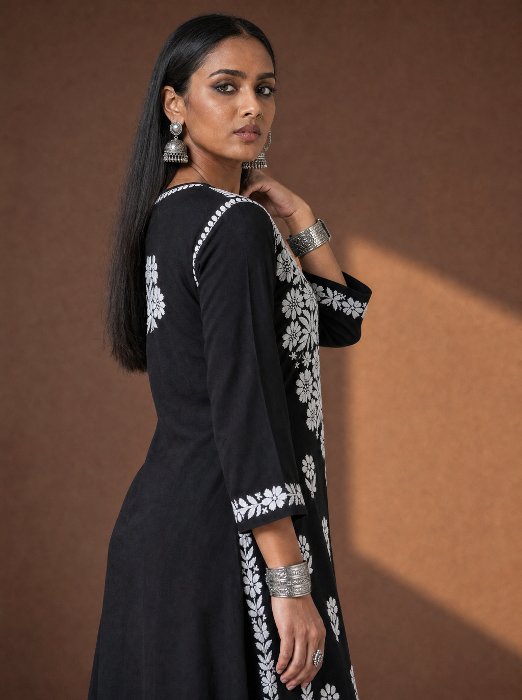 Aachhri Rayon Chikankari Women's 2PC Long Kurta Set - Black - side full