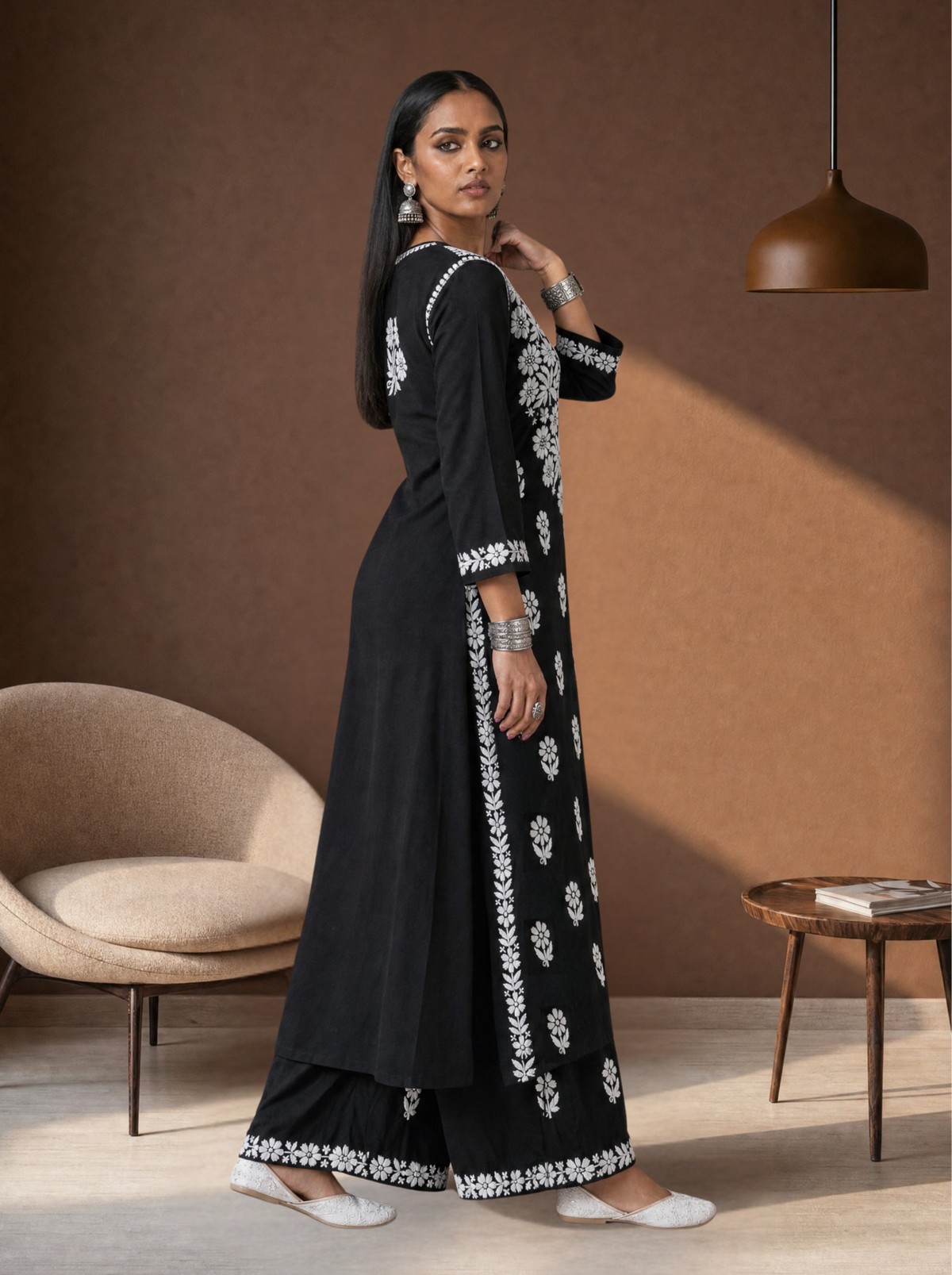 Aachhri Rayon Chikankari Women's 2PC Long Kurta Set - Black - side full 2