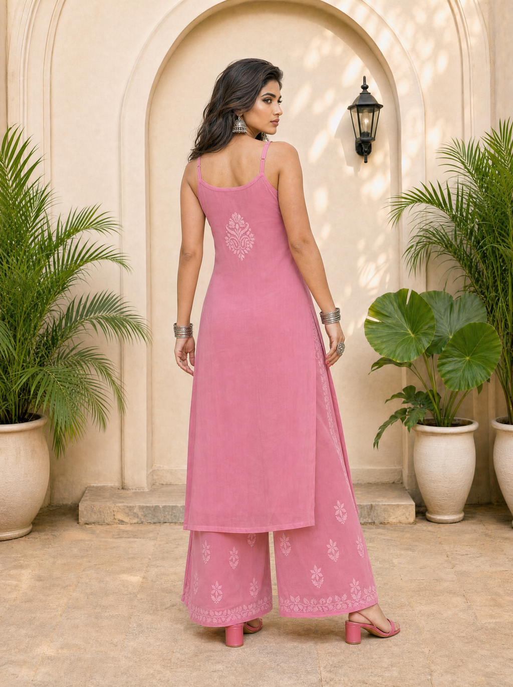 Aachhri Viscose Chikankari Women's 2PC Long Kurta Set - Rose Pink - back full