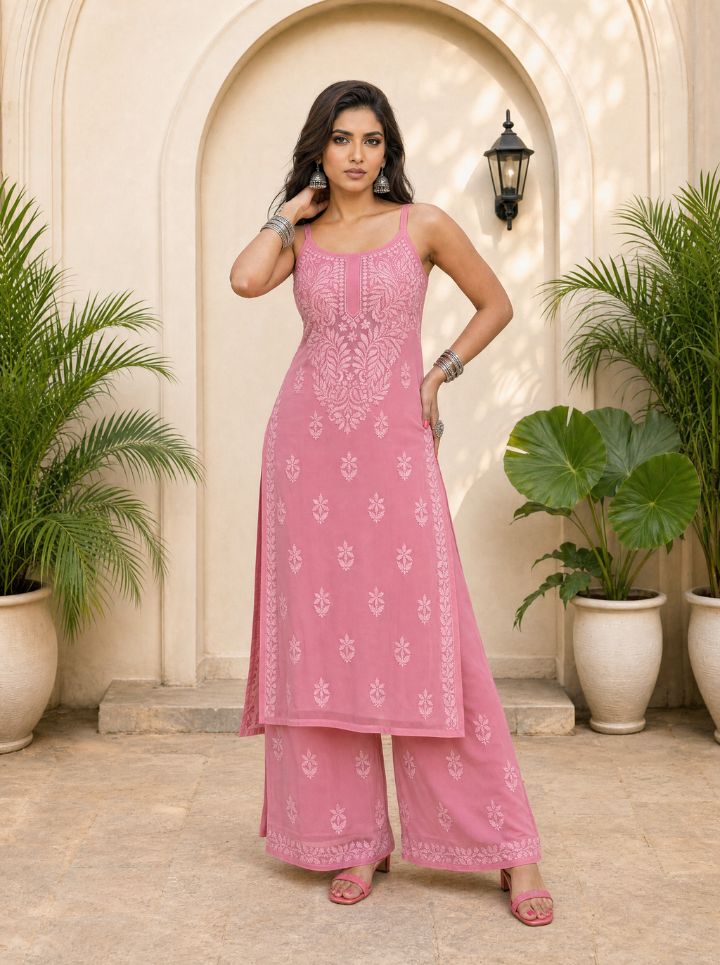 Aachhri Viscose Chikankari Women's 2PC Long Kurta Set - Rose Pink - front full