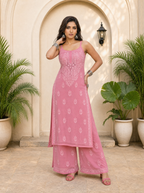 Aachhri Viscose Chikankari Women's 2PC Long Kurta Set - Rose Pink - front full