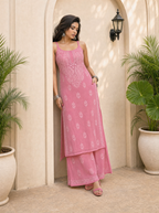 Aachhri Viscose Chikankari Women's 2PC Long Kurta Set - Rose Pink - front full 2