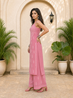 Aachhri Viscose Chikankari Women's 2PC Long Kurta Set - Rose Pink - side full