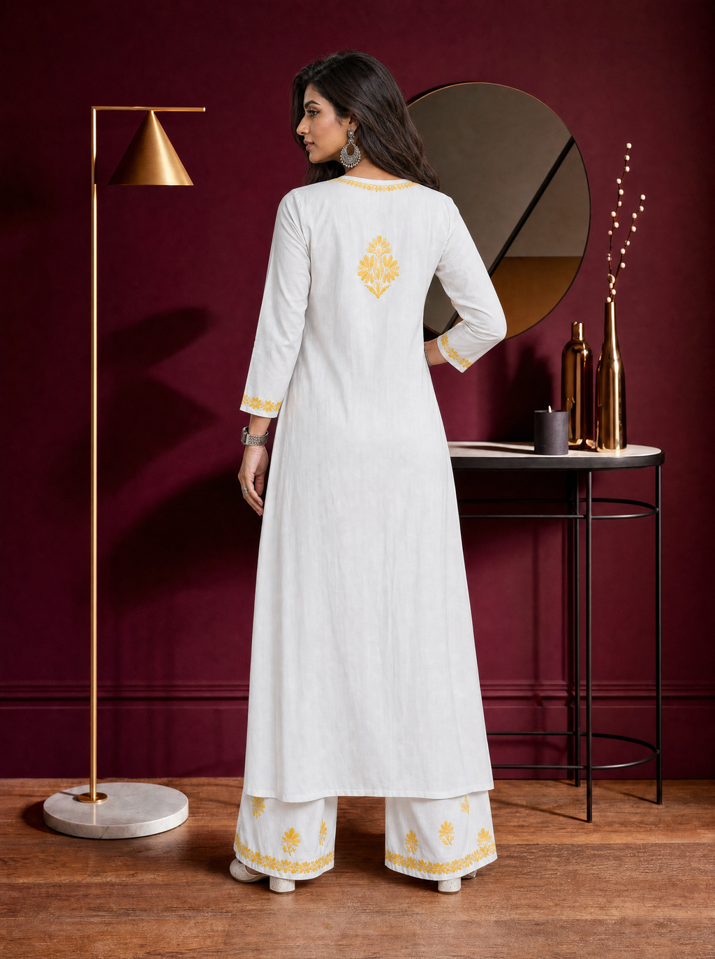 Aachhri Rayon Chikankari Women's 2PC Long Kurta Set - Yellow - back full