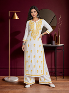 Aachhri Rayon Chikankari Women's 2PC Long Kurta Set - Yellow - front full