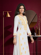 Aachhri Rayon Chikankari Women's 2PC Long Kurta Set - Yellow - front full 2